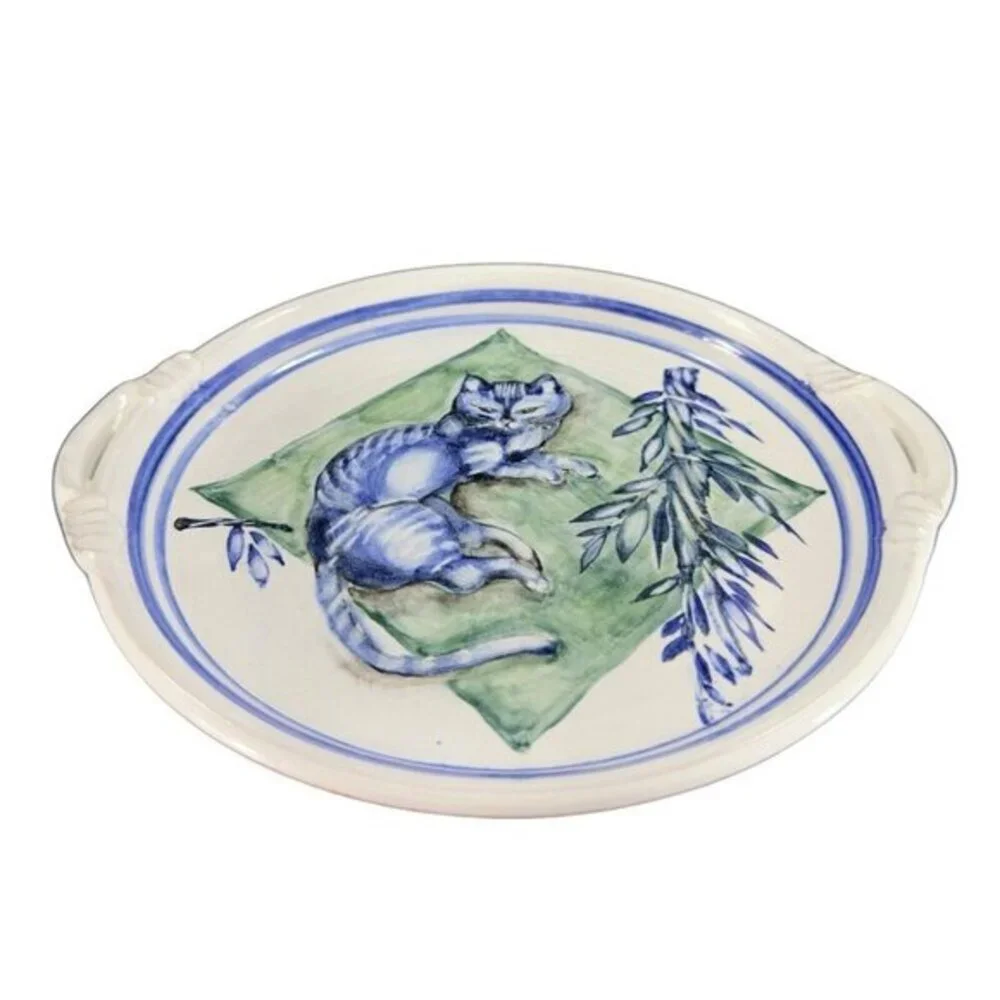 Hand Made Folk Art RedWare Dish Platter Blue Cat Kitty With‎ Handles Marked VTG